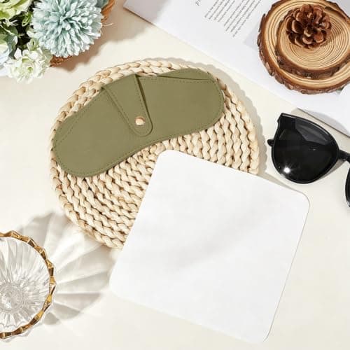 CREATCABIN Leather Sunglasses Case Soft Slim Glasses Case Flat Eyeglass Cases Portable Spectacle Cases Storage Pouch Lightweight with Cleaning Cloth for Women Men Travel Dark Olive Green 6.7x3.3 Inch — view 3