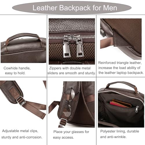 LUUFAN Genuine Leather Backpack Men Casual Daypack Vintage 15.6 Inch Laptop Rucksack Business Slim Travel Outdoor Shoulder Bag with Trolley Sleeve (Coffee) — view 4