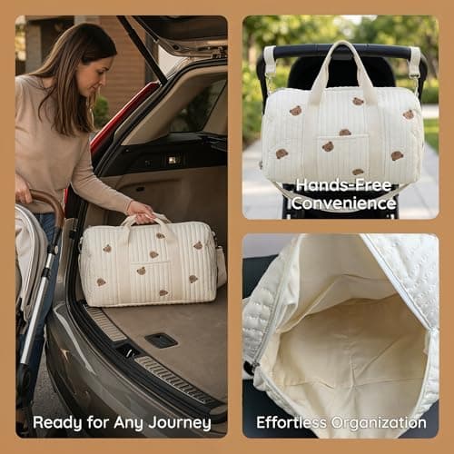 Hospital Bag , Diaper Baby Changing Bags for Mum , Travel Organiser Maternity Essentials Diapers Nappy Change Women Mommy Labor Delivery Large Pregnancy Duffle Cotton Tote Quilted Bag mit Pram Hooks — view 3