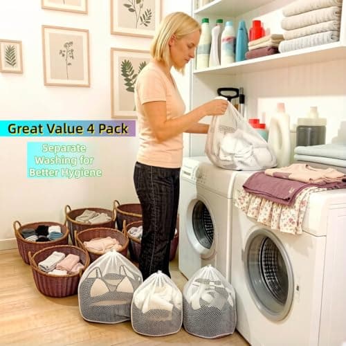 4 Pack Mesh Laundry Bags, Drawstring Lock Washing Machine Net Laundry Bags 30x40cm, Wash Bags for Delicates, Bras, Underwear, Socks, Baby Clothes, Travel Dorm Lingerie (white) — view 4