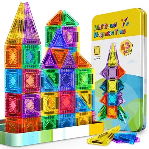 43Pcs Mini Travel Magnetic Tiles Set, Toys for 2 3 4 5 6 Year Old Boys Girls, Plane Activities for Kids, Toddlers Learning Toys Magnetic Blocks Building Travel Toys for Kids Birthday Gift for Kids