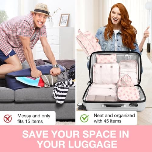 8 Set Packing Cubes for Suitcases,Suitcase Organizer with Shoe,Cosmetics,Clothing, and Accessories Bags for Travel Luggage Organizer Women Men(Pink Bows) — view 6