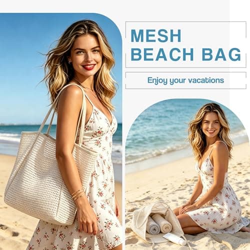 Poeruse Beach Mesh Tote Bag, Beach Bags for Women with Zip, 26L Mesh Handbags, Travel Shopping Handbag for Holiday (White) — view 6