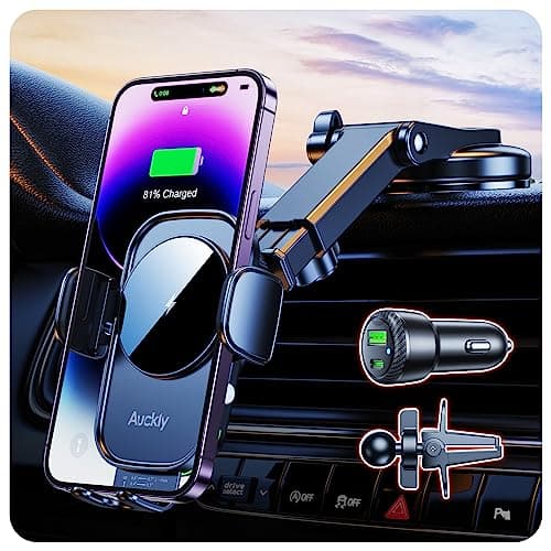 Auckly Car Phone Holder Wireless Charger, 【Smart Sense】15W Fast Qi Wireless Car Charger Automatic Phone Suction Holder Dashboard Windshield Mount Compatible for iPhone 12/13/14 Pro Max Mini Plus -S