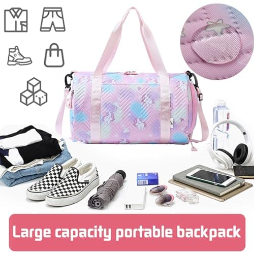 YOUYIKE Small Gym Bag for Girls, Unicorn Travel Bags, Swim with Shoes Compartment & Waterproof Pocket, Waterproof Dance Bag, for Girls Fitness Workout, Travel, Dance, Ballet, Swim, Pink — view 6