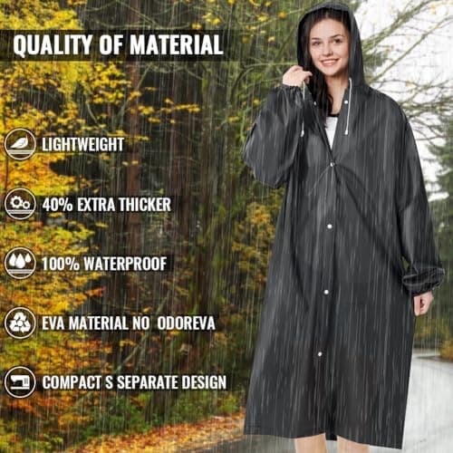 CHGANG Rain Ponchos, EVA Portable Adults Waterproof Ponchos, Reusable raincoat with Hoods for Camping, Hiking Travel, Amusement Parks, Festival (Black) — view 3