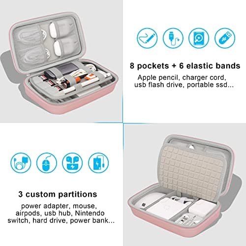 Elonbo Hard Travel Cords Organizer Universal Small Electronic Accessories Carrying Bag for Chargers MacBook Adapter Magic Mouse Apple Pencil Flash Disk Tech Portable Storage Bag, Rose Gold — view 2