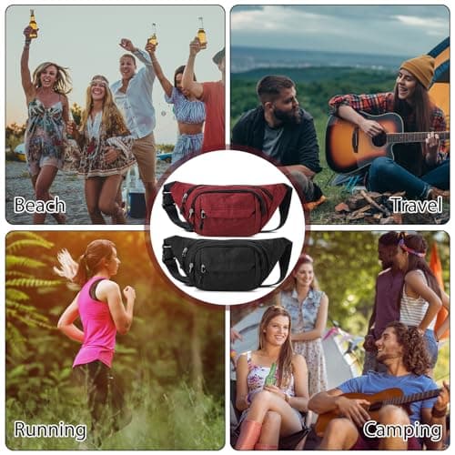 Meng Jiaran 2 Pack Bum Bag Bumbag for Men Women,Waterproof Waist Fanny Pack for Ladies, 4 Zip Pockets Adjustable Belt Cross Body Bumbags for Sport Running Walking Travel Cycling, Black, Red — view 3
