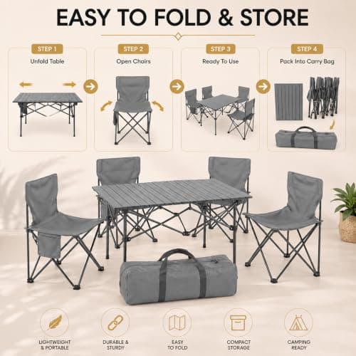 HomlyPro Folding Camping Table and Chairs, Set of 4 - Lightweight and Durable, Garden Table and Chairs with Carry Bag for Indoor & Outdoor Use, Ideal for Picnic & Garden (Grey) — view 5