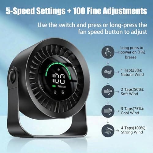 Luxepa Small Desk Fan, 100 Speed USB Rechargeable Battery Operated Quiet Portable Table Fan, Personal Desktop Cooling Fan with LED Display, 360° Tilt Tabletop Fan for Bedroom Office Travel (Black) — view 3