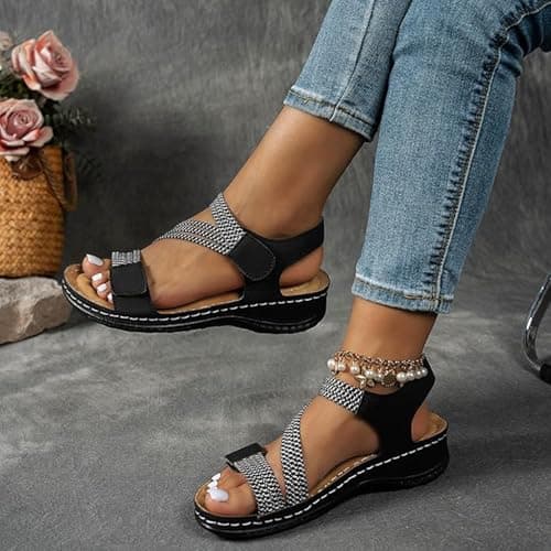 ziubauyke Orthopedic Sandals For Women Summer Arch Support Slip On Sandal Wide Fit Walking Platform Open Toe Sliders Adjustable Strap Wedge Sport Shoes Beach Outdoor Ladies Sandals Size 6 Uk — view 4