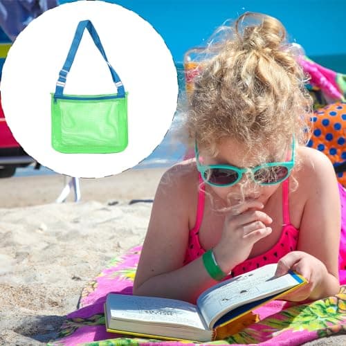 Tabanzhe Mesh Beach Bag,Adjustable Carrying Strap Shoulder Bag,Foldable Seashell Collecting Sand Bag,Swimming Pool Beach Accessories,for Seashell Toy Clothes Towels Collecting(Green Blue Band) — view 5