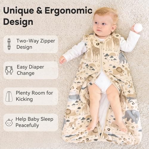 Unnivoll Baby Sleeping Bag 2.5 Tog 0-6 Months 100% Cotton Winter Sleeping Bag Baby 2-Way Zipper Quilted Sleep Sack for Newbron Infant Warm Soft Apricot Zebra — view 4