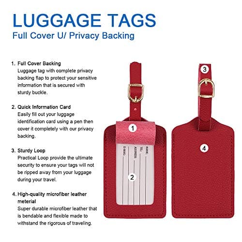 Luggage Tags, Microfiber Leather Personalized Suitcase Tag Set Luggage id Tags Labels Travel Accessories-Set of 4(Red) — view 4