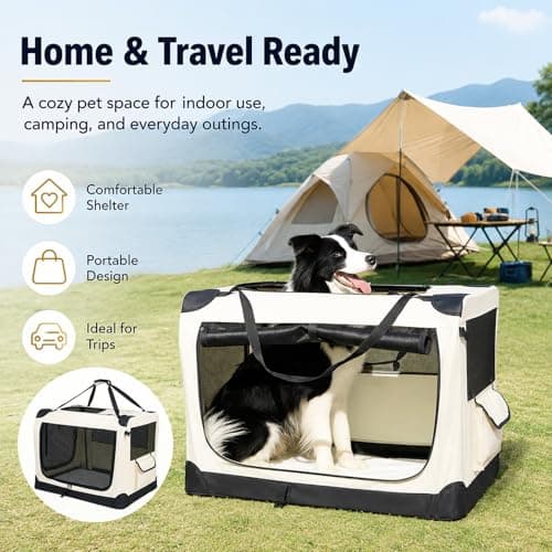 GOOGO Foldable Pet Carrier Bag for Cats & Dogs up to 12 kg, 60 x 42 x 42 cm, Soft Dog Travel Crate with Cushion, Oxford Fabric Steel Frame, 4-Side Mesh, Dog Car Carrier for Home, Camping (Beige) — view 5