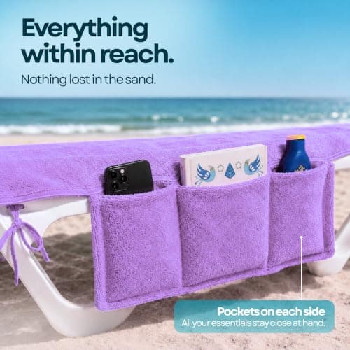 ITSA Terry Towelling Lightweight Beach Towel with Pockets & Handles | 100% Cotton Foldable Sun Lounger Cover | Carry Bag | Secure Storage Beach Towel. (LIght Purple) — view 3