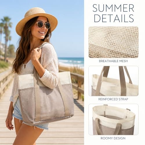 NANYUAYA Mesh Beach Bag Pool Tote Bags for Women Summer Holiday Essentials Family Lightweight Travel Bag Reusable Foldable Shopping Bag Large Shoulder Bag for Picnic Gym School Swimming Vacation — view 4