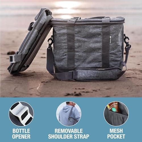 CleverMade Collapsible Insulated Cooler Bag – 30 Can Leakproof Soft Cooler for Beach, Travel, Car – Shoulder Strap, Bottle Opener - Heather Cool Gray/Shadow Gray — view 5