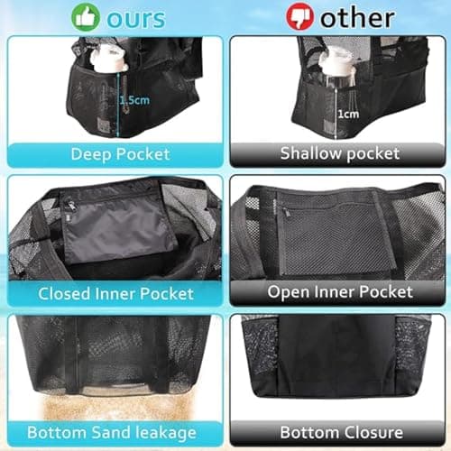 HUSHRICH Mesh Beach Bag Lightweight Large Tote Bag Sand Free, 10 Pockets Handheld Beach Hollow Mesh Bags Black Large Capacity Shoulder Beachs Bags Pool Vacation — view 4