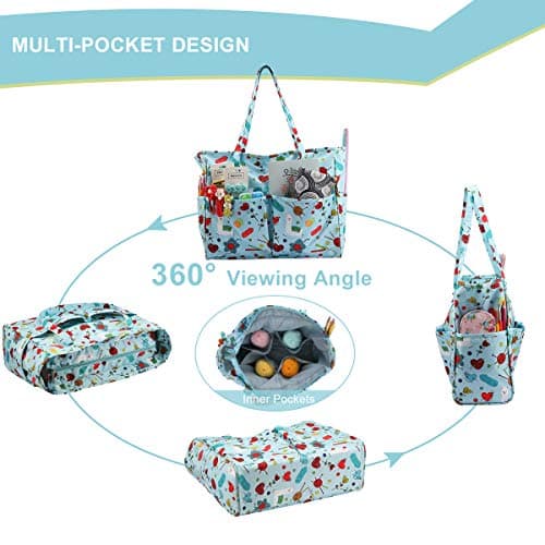 LOOEN Crochet Knitting Tote Bag - Empty Yarn Storage Organiser with Zipper & 10 Pockets (36x14x30cm), Travel Carrier for Hooks, Tangle-Free Wool Skeins, Alpaca Pattern Blue (Bag Only) — view 4