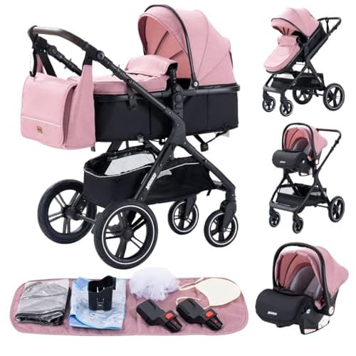 YAZOCO 3 in 1 Prams, Pushchair with Height Adjustable Handle, Travel System Pram with Changing Bag, Baby Stroller with Aluminum Frame for Newborn 0-4 Years (X1 Pink)