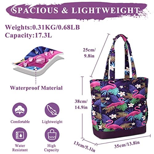 VASCHY Beach Bag, Water Resistant Large Women's Lightweight Foldable Summer Shoulder Bag with Zip and Multi-Pockets for Holidays, Travel, Beach, Pool, Shopping, Gym, 17.3 L, A-Flamingo purple, Taille — view 2