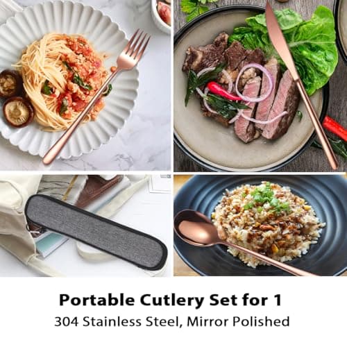 AARAINBOW Stainless Steel Cutlery Set for 1, 3 Pieces Knife Fork Spoon Set with Case. Reusable Flatware Set for Camping, Travel, Work, and Outdoor Activities, Dishwasher Safe (Rose Gold) — view 4