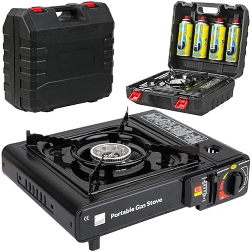 Taylor & Brown Black Portable Camping Stove with Heavy Duty ABS Cary Case & 4 Butane Gas | EN417 Compliant Premium Camping Stove Gas Portable | with Automatic Ignition & Heat Control