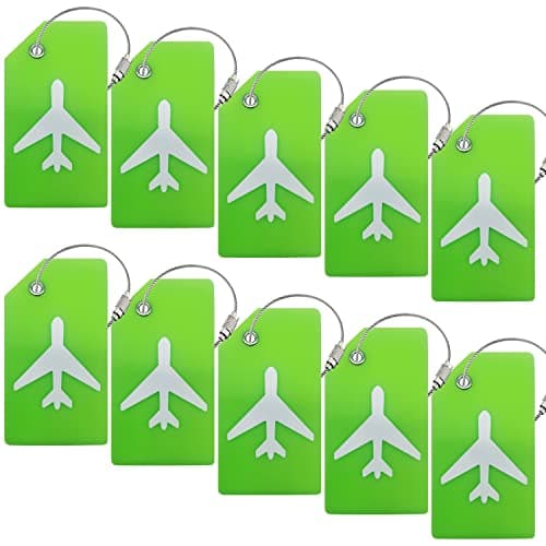 BlueCosto - Luggage Tags - Small, Green, 10 PK - Silicone Suitcase Tags with Privacy Cover & Stainless Steel Wire Loops - Personalized Baggage Identifiers for Travel - Backpack Name Labels