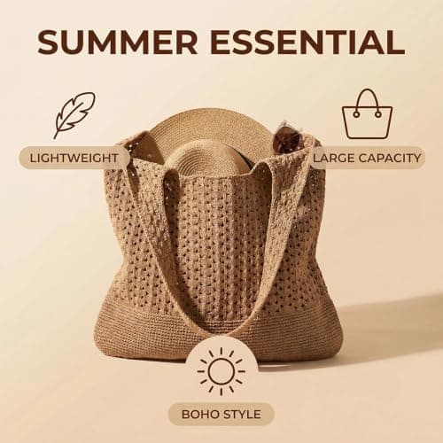 Crochet Tote Bag for Women, Retro Woven Mesh Beach Bag Boho Shoulder Tote — view 5