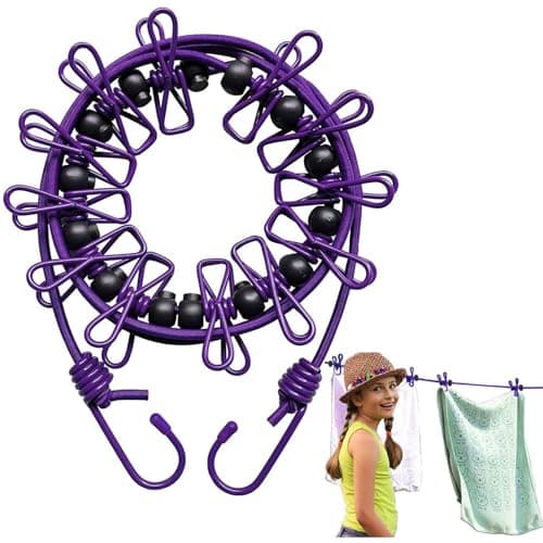 BODFPPC Travel Washing Line with 12 Clips, Portable Windproof Retractable Clothes Line Stretchy Elastic for Indoor Laundry Drying Clothesline,Outdoor Camping Accessories (Purple)