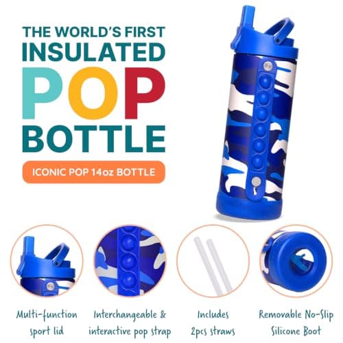 Elemental Iconic 414ml Triple-Wall Insulated Water Bottle with Straw – Sports-Lid & Pop Fidget Handle – Leakproof Stainless Steel Sports Water Bottle for Hot & Cold Drinks – Blue Camo — view 2