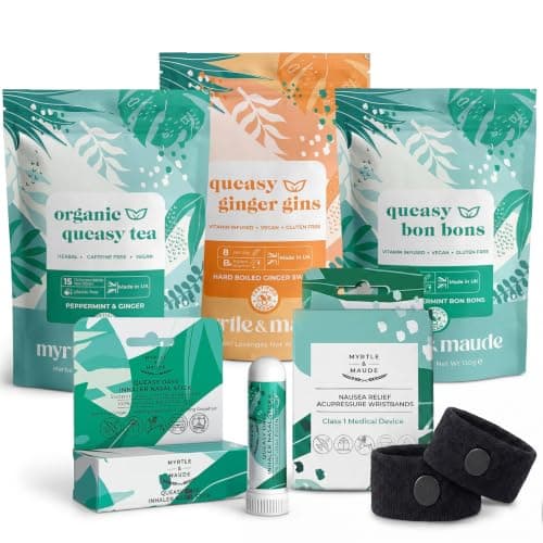 Myrtle & Maude - Ultimate Nausea & Morning Sickness Bundle - Queasy Days Tea, Vitamin B6 Peppermint Bon Bons & Ginger Gins, Aromatherapy Inhaler Nasal Stick & Nausea Relief Acupressure Wristbands