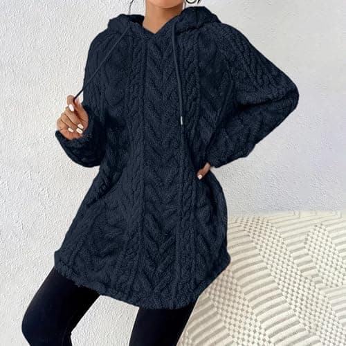 SYDUZAX Fleece Hoodie Women Double Fluffy Long Hoodies Sherpa Teddy Bear Hooded Sweatshirt Plain Winter Plush Warm Fuzzy Coats Pullover Thermal Tops Ladies Snuggle Hoodies Casual Outwear Navy — view 3