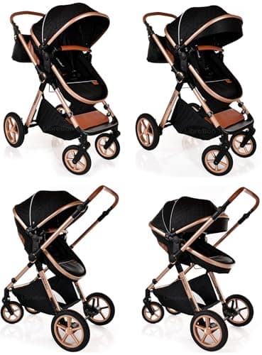Baby Buggy Pram Pushchair Stroller 3 in 1 Child Lightweight Folding Stroller 3 in 1 Travel System Pram for Newborns & Toddlers from Birth Aluminum (Black - Rose Gold Frame) — view 6