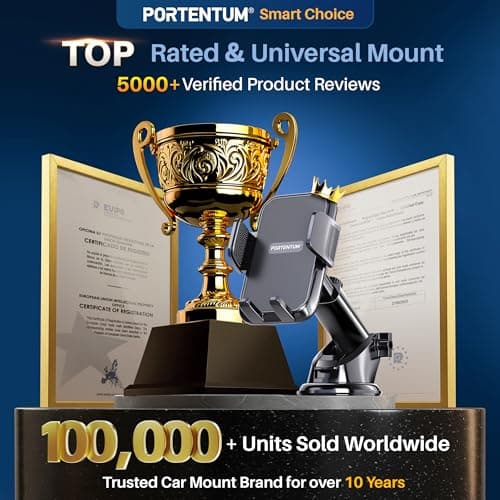 PORTENTUM Car phone holder with reinforced suction base – New 2026 version – 360° Rotation and extendable arm – Dashboard and windscreen mounting – Compatible with any phone 4–7.5" — view 2