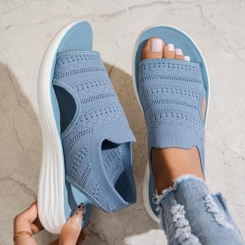 Women's Breathable Mesh Platform Sandals Elastic Stretch Upper Soft Sole Lightweight Peep Toe Comfort Shoes Casual Outdoor Footwear for Summer Holidays, 03-Sky Blue, 6 — view 4
