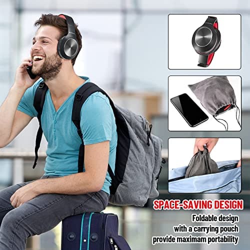 Rydohi Bluetooth Headphones Over Ear, 68H Playtime and 3 EQ Music Modes Wireless Headphones with Microphone/Deep Bass, HiFi Stereo Foldable Lightweight Headset for PC Home Travel Office(BLACK-RED) — view 5