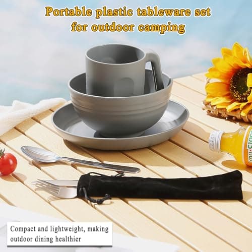 Camping Utensils, Reanea Camping Mess Kit for Travel, Camping, Picnic, Outdoor, Camping Gear Include Knife, Spoon, Fork Cutlery Set, Cup, Bowl, Plate, Camping Essentials for 1 — view 3