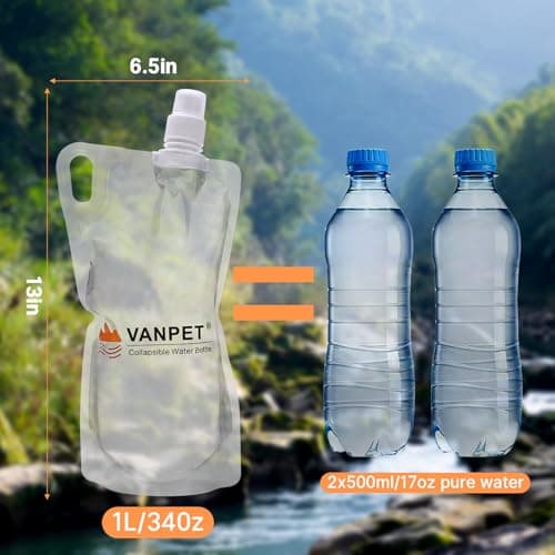 VANPET 1L Hiking Collapsible Water Bottles, 33OZ BPA-Free Plastic Flasks, Reusable Drink Bags, Foldable Backpacking Water Bottle for Travel Camping Hiking (2-Pack) — view 4