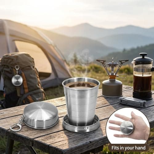 OWATRKDEY 1 Pack Stainless Steel Collapsible Cup, Portable Folding Shot Glass with Lid & Keychain, Compact Travel Cup for Camping, Hiking & Outdoor Use (Silvery, 2.5 oz / 75 ml) — view 5