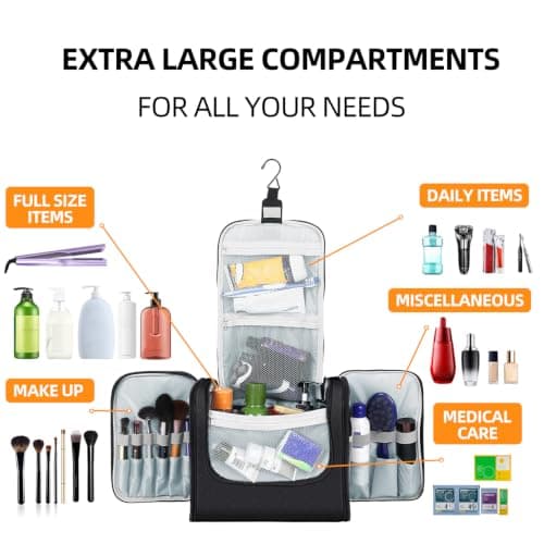 Large Capacity Toiletry Bag for Women and Men, Hanging Toiletry Organizer Cosmetics Makeup Bag, Water-Resistant Dopp kit Shaving Bag for Full Sized Toiletries, Travel Essentials, Black, XL, Classic — view 3