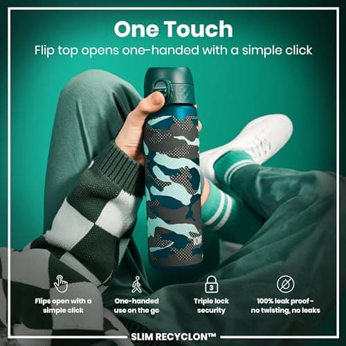 Ion8 Water Bottle, 500ml/18oz, Slim Leak Proof & BPA-Free Drinking Bottle, Secure Lock Prevents Spills, Dishwasher Safe, Carry Handle, Ideal for Adults & Kids - Travel, Gym & School, Aqua, Camo — view 3