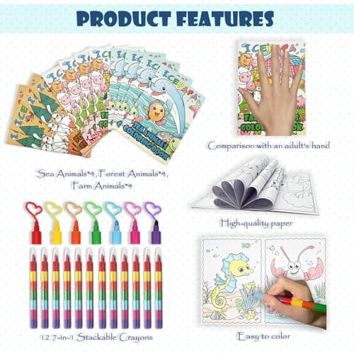 ICEPAPA, 12 colouring books for children and 12 crayons (7 colors in 1), mini colouring books for party bags, perfect for travel activity packs for kids and party bag fillers for kids unisex — view 2