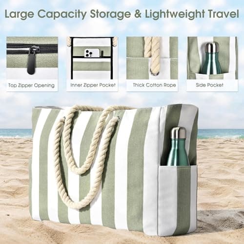 Becokan Waterproof Beach Bag for Women - Large Sandproof Swim Tote With Zipper and Stripe Pattern — view 5