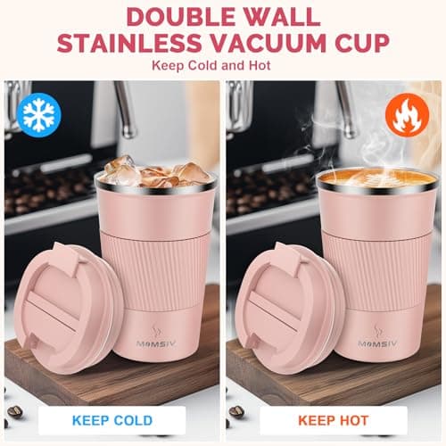 MOMSIV Coffee Cup, Insulated Coffee Cup with Leakproof Lid, Non-Slip Vacuum Reusable Stainless Steel Eco-Friendly Travel Office Mug for Hot and Cold Water Coffee and Tea, 380ml/13oz(Pink) — view 3