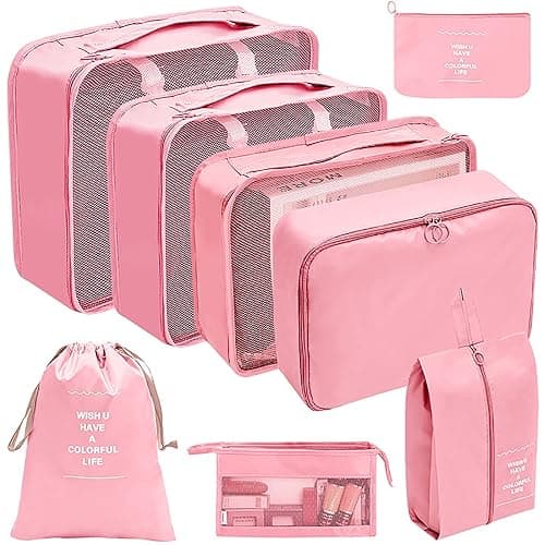 Packing Cubes for Suitcase 8 Pcs Waterproof Travel Cubes Foldable Luggage Storage Bag Lightweight Luggage Packing Organizers Travel Essentials (Pink)