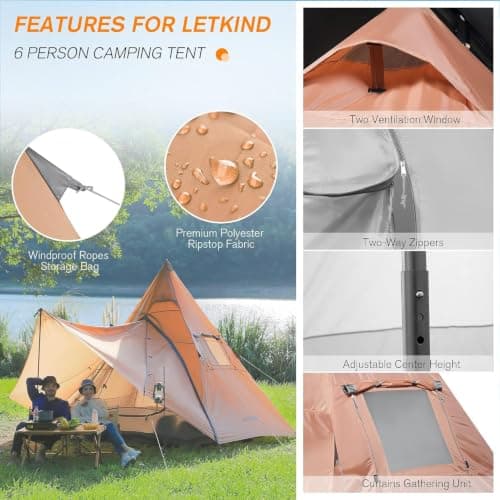 LETKIND 6 Person Camping Tent 12x12ft Teepee Tent Waterproof Professional Canvas Tent with Water-Resistant Material, Double Layer Design and Mesh Windows, Easy Setup for Adult Family Outdoor Camping — view 6