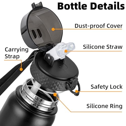 OLDLEY Stainless Steel Water Bottle with Straw 1L Vaccum Insulated Large Drink Flask Metal Water Bottles 1 Litre Leakproof Keep Drinks Hot Cold for Bike Sports Gym Adult Women Men(Black,1 Lid) — view 2