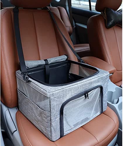 Nasjac Puppy Car Seat, Foldable Sturdy Small Dogs Booster Carrier, Waterproof Upgraded Strong Metal Supported Travel Crate with Breathable Mesh & Washable Reuse Pee Pad for Pet Cats Doggy